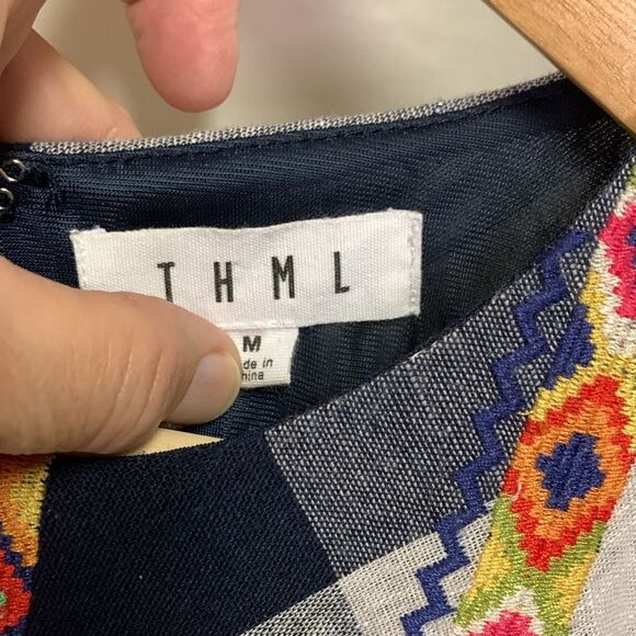 THML Navy White Large Check Frayed SS Boho Embroidered Knee Length Dress Size M - Picture 5 of 16